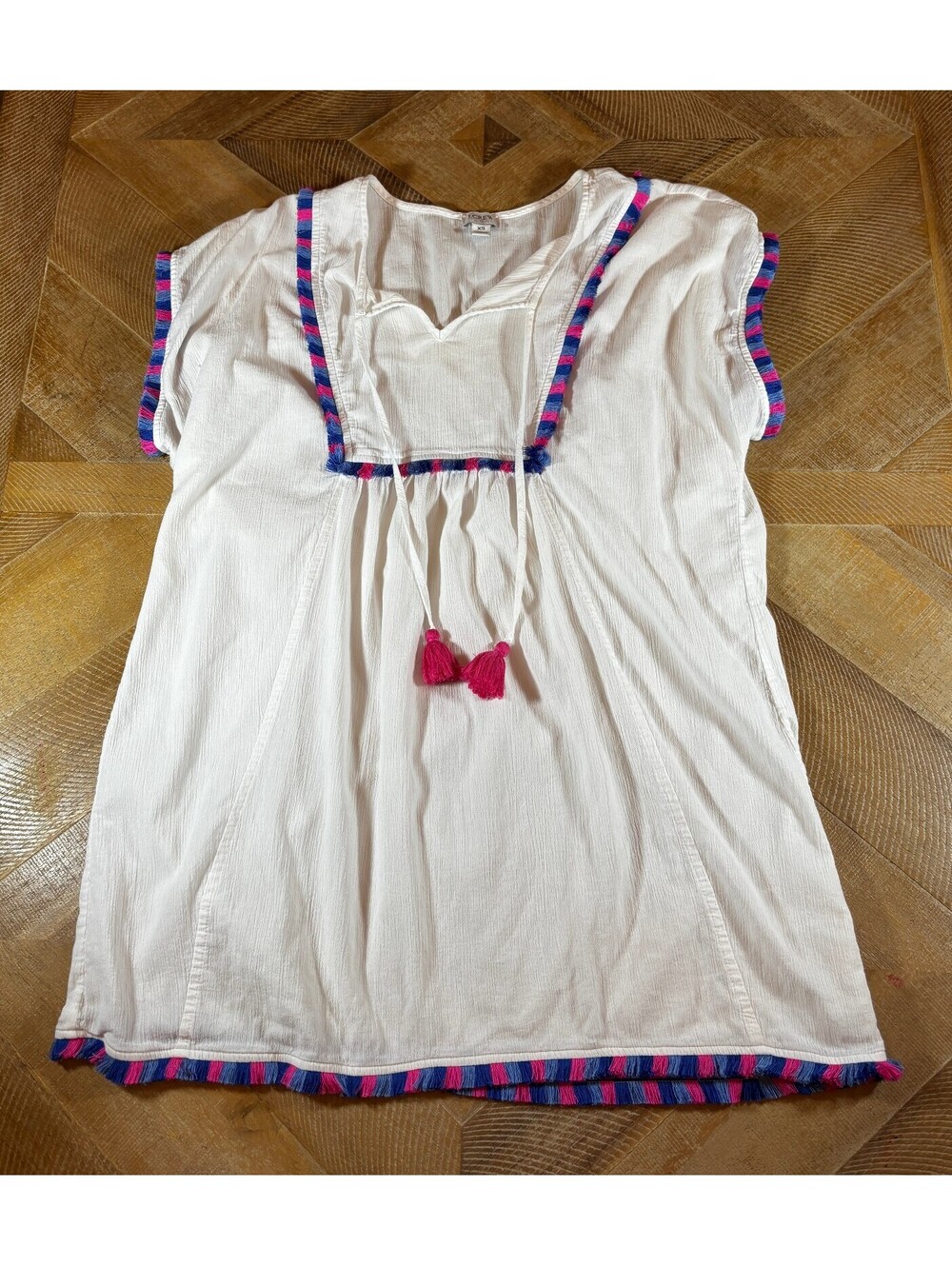 J.Crew White Gauze Swim Cover Up Tunic XS Pink Blue Fringe Tassel Beach (210)